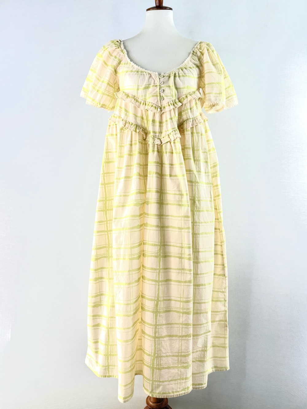 VRG GRL Butter Yellow Citrine Plaid Cotton Maxi Dress with Puff Sleeves